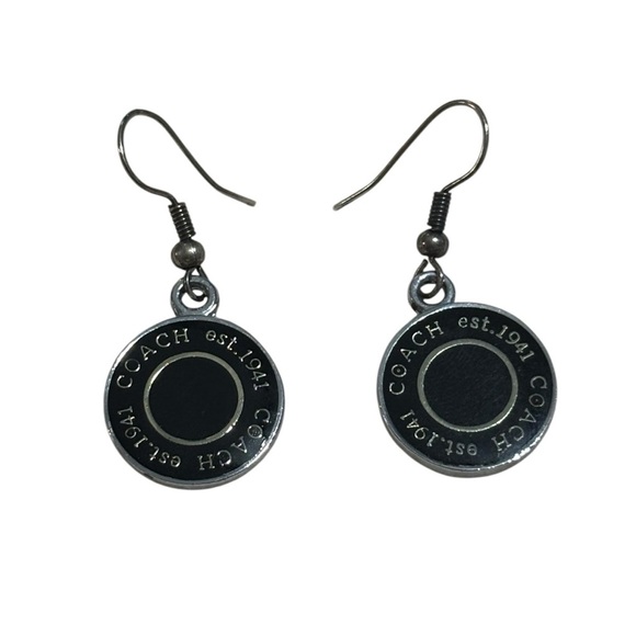 Coach Dangle Black and Silver Enamel Disc Earrings, hooks - Picture 1 of 4